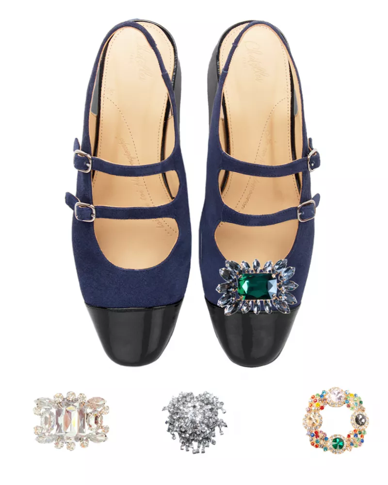 Navy blue suede and black patent leather Mary Jane slingbacks