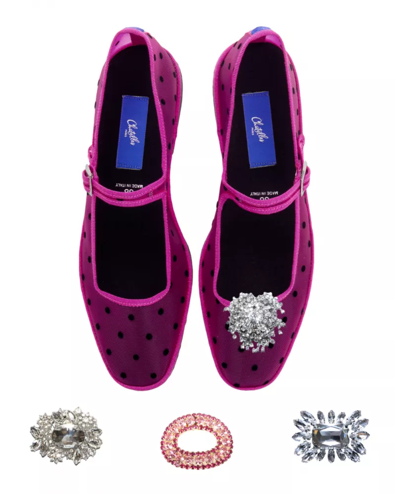 Furlanes Mary Janes in Fuchsia mesh with dots pattern and square toe
entirely made by hand in Italy (Venice/Friuli)
