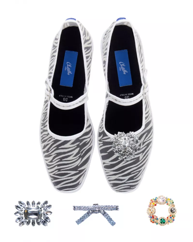 Furlanes Mary Janes in White mesh with a zebra pattern with square toe
entirely made by hand in Italy (Venice/Friuli)