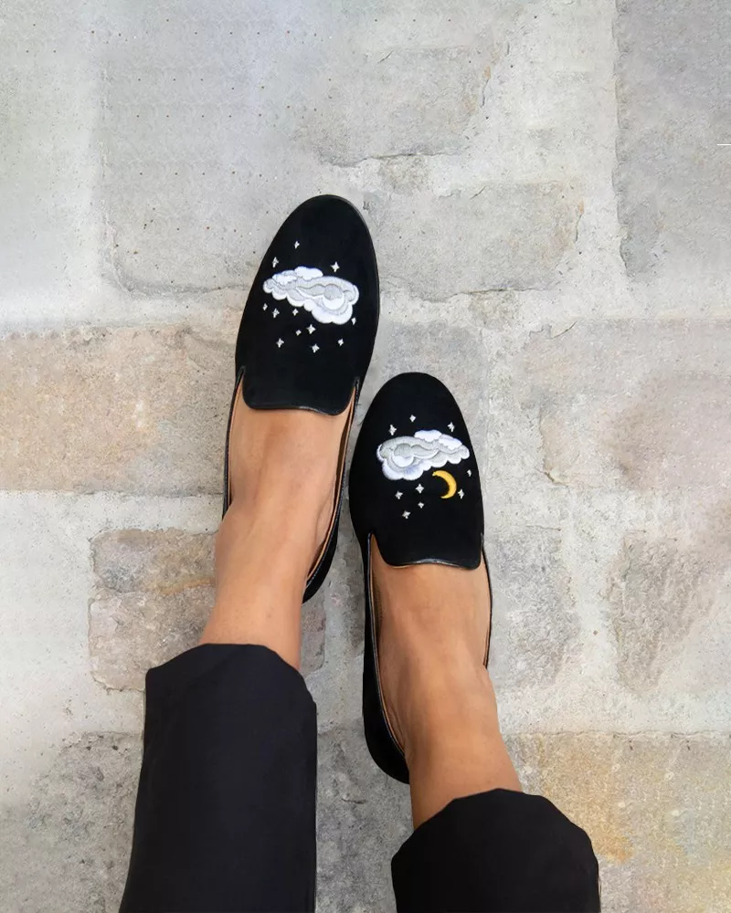 Black suede slippers with embroideries