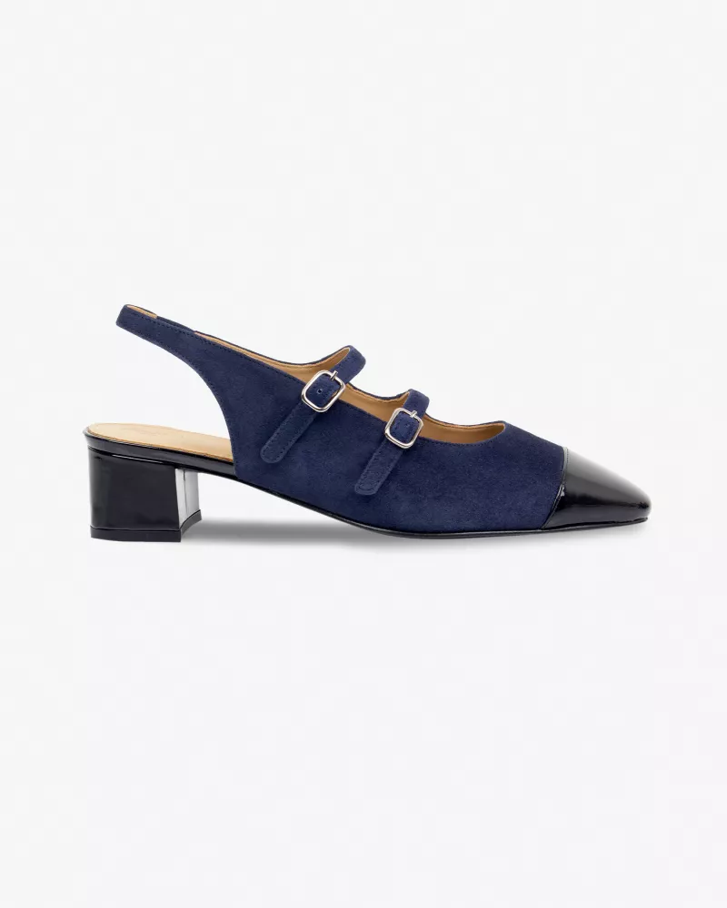 Navy blue suede and black patent leather Mary Jane slingbacks