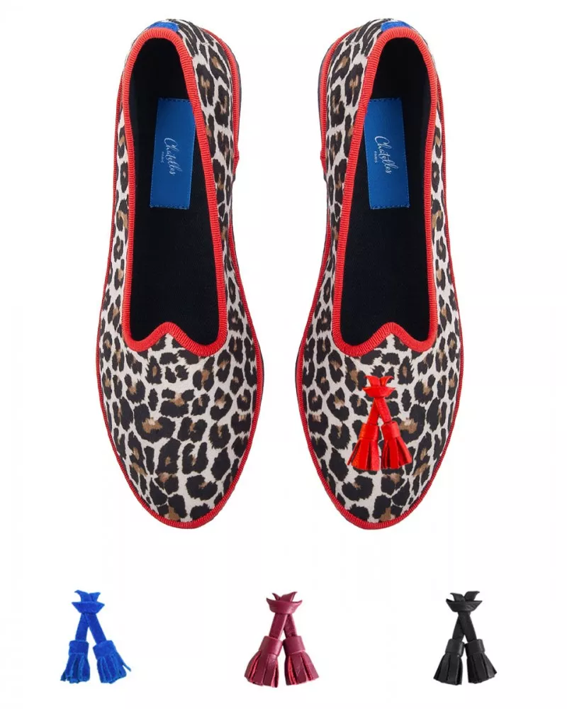 Furlanes in leopard print with red trim
entirely made by hand in Italy (Venice/Friuli)