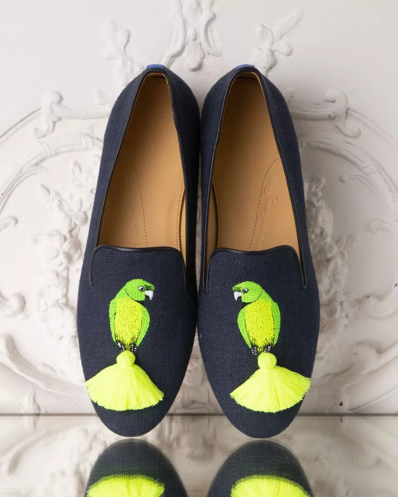 Dark blue canvas slippers with green embroideries