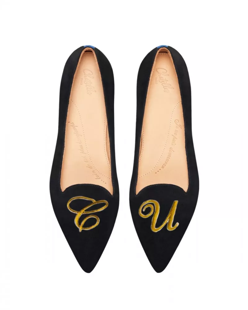 Black suede pointy slippers with 3 interchangeable accessories of your choice included