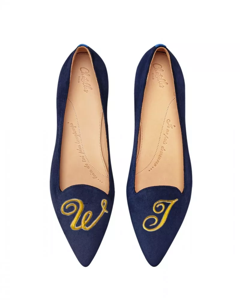 Navy suede pointy slippers with 3 interchangeable accessories of your choice included