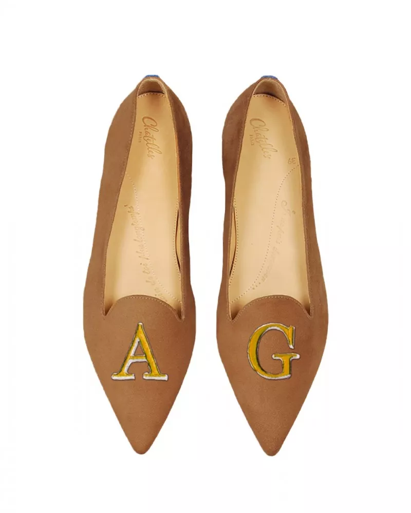 Camel suede pointy slippers with 3 interchangeable accessories of your choice included