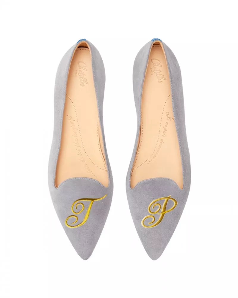 Grey suede pointy slippers with 3 interchangeable accessories of your choice included