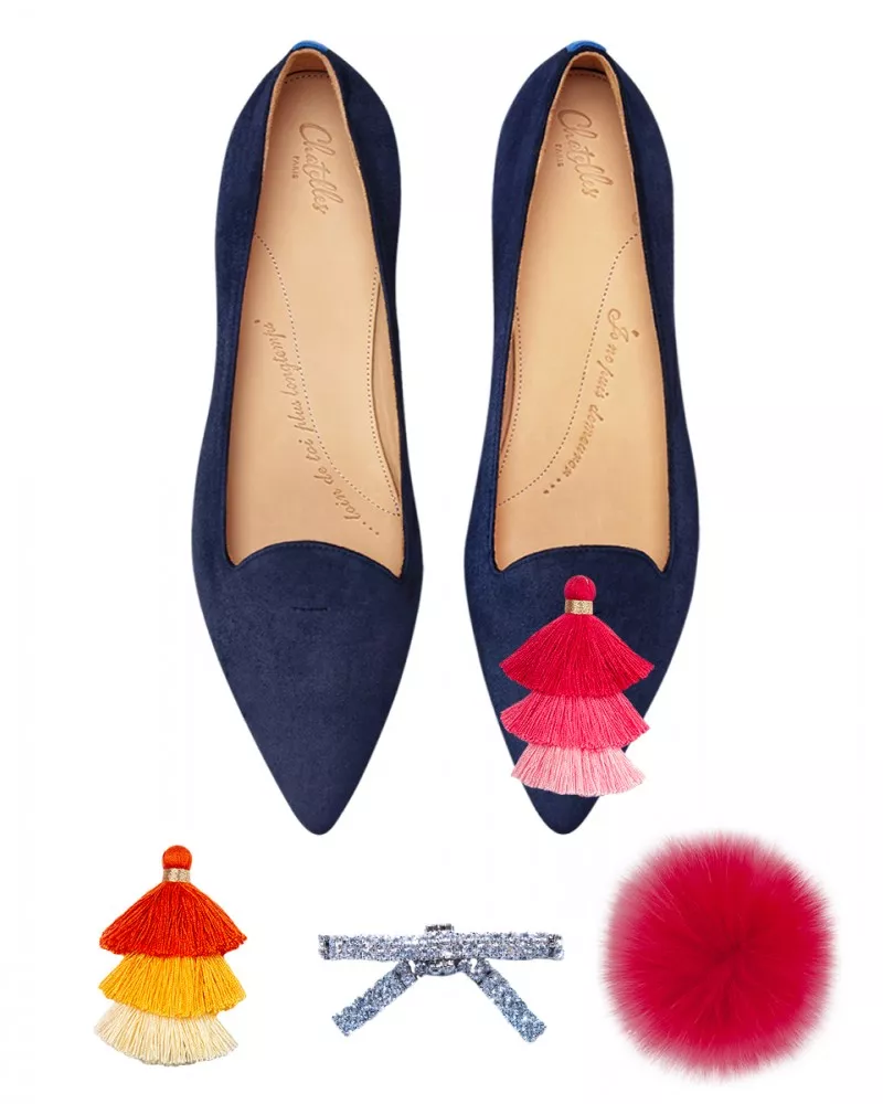 Navy suede pointy slippers with 3 interchangeable accessories of your choice included