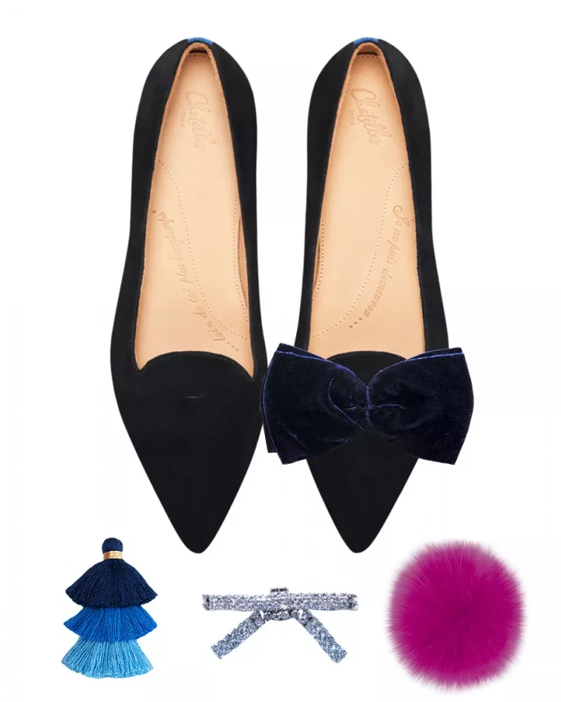 Black suede pointy slippers with 3 interchangeable accessories of your choice included
