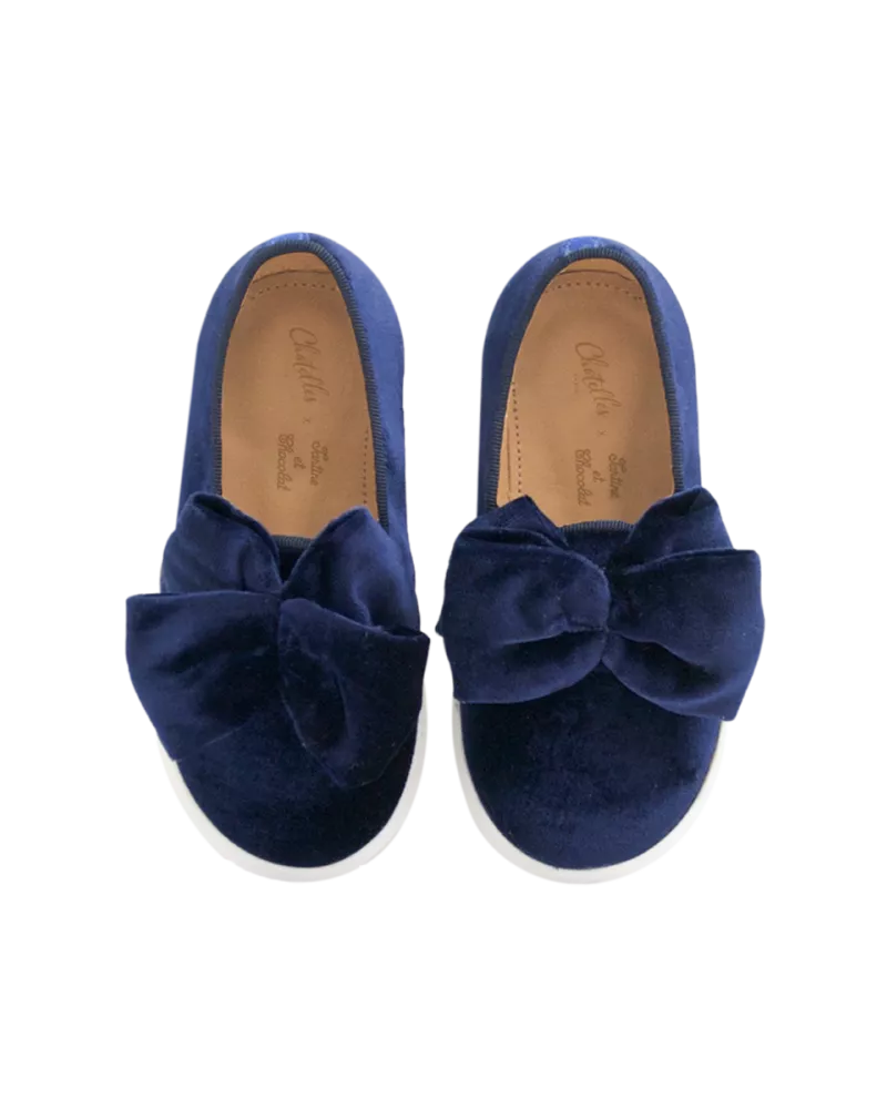 Blue navy velvet with oversized bow mini slip-ons