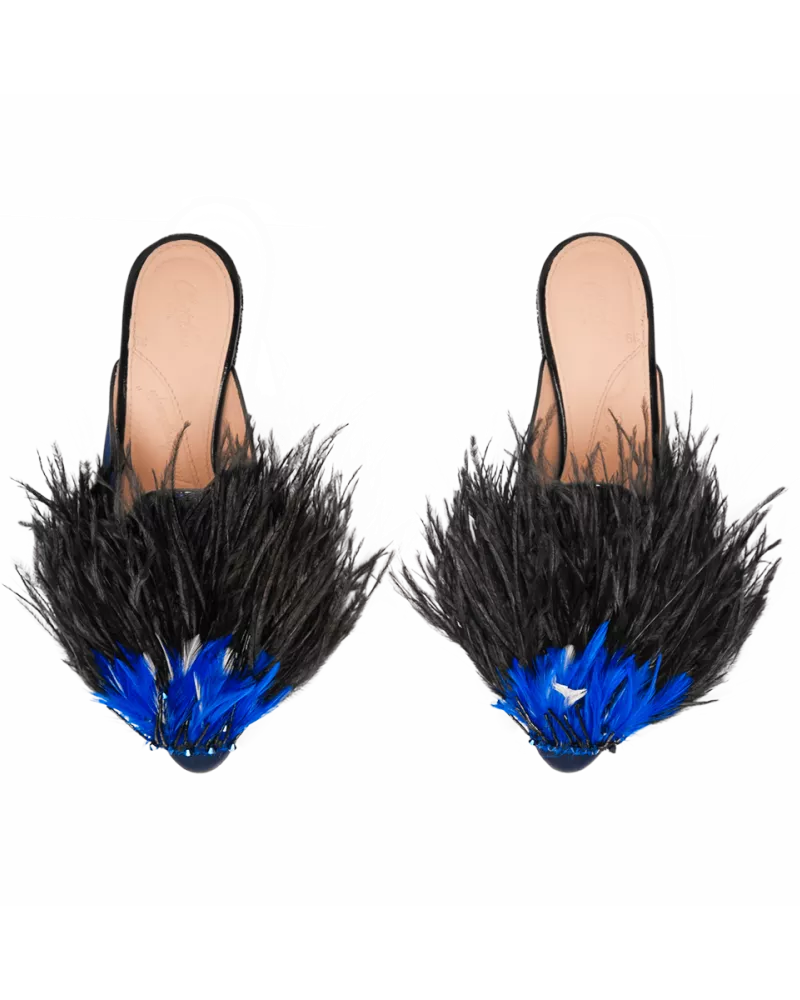 Blue satin mules with ostrich feathers
Chatelles x Elisabeth Thurn und Taxis Collaboration