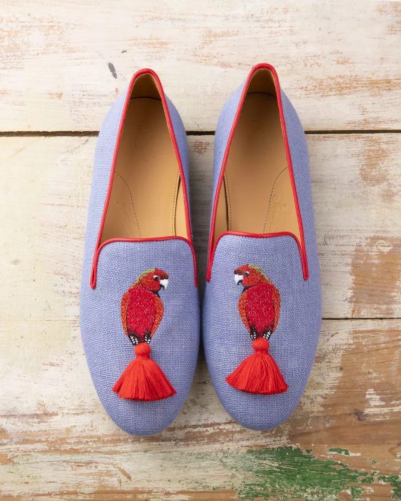 Light blue canvas slippers with red embroideries
