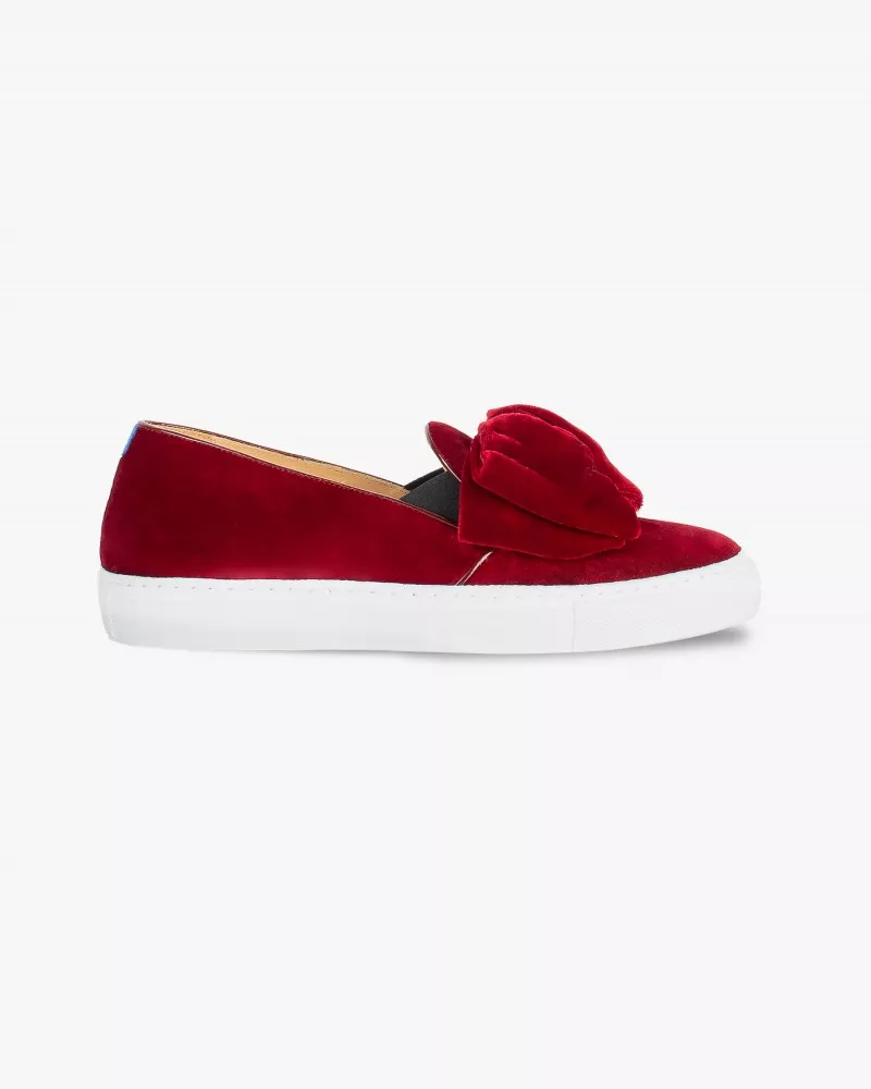 Red velvet slip-ons with oversized bow