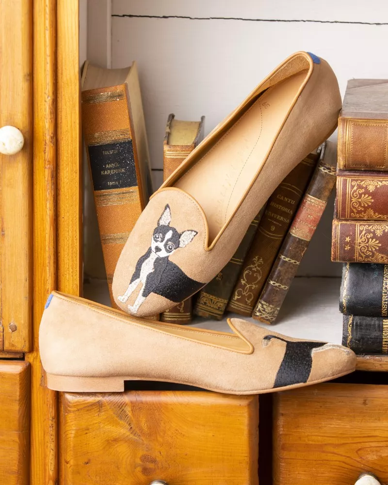 Beige suede and embroidered chihuahua slippers