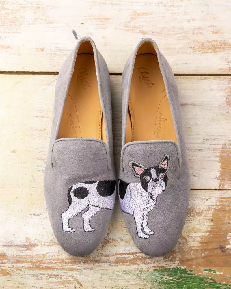 Grey suede and embroidered French Bulldog slippers
