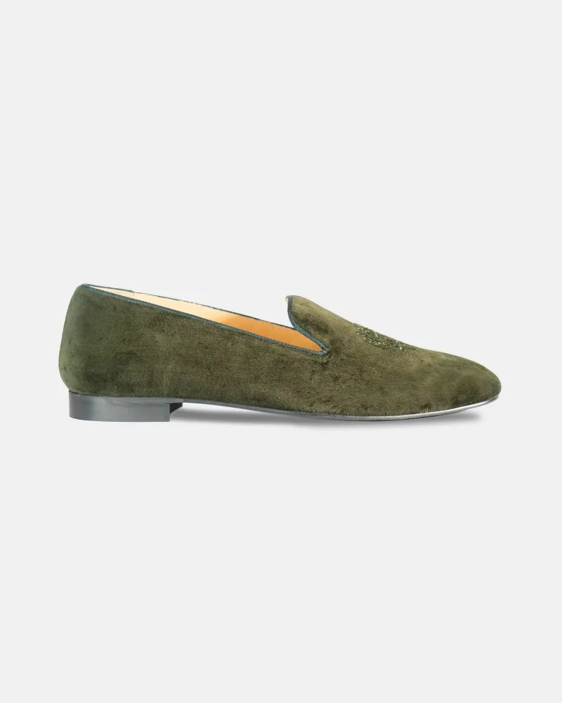 Men green velvet slippers with embroidery