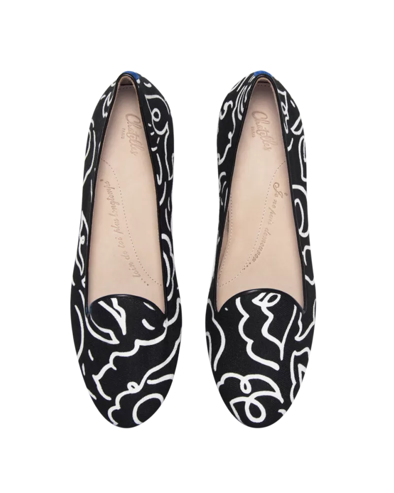 Black and white linen canvas slippers x Claire de Quénétain  