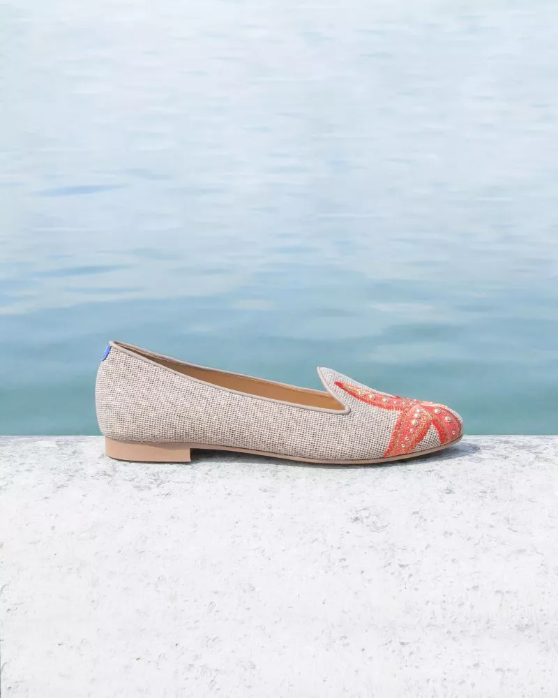Embroidered starfish beige canvas slippers