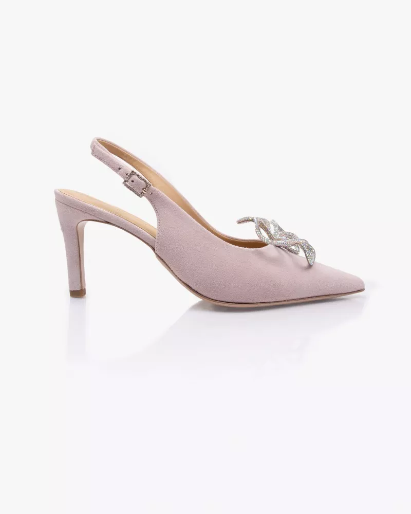 Pale Pink suede stilettos adorned by Inés de Cominges, including one pair of jewel accessories of your choice.