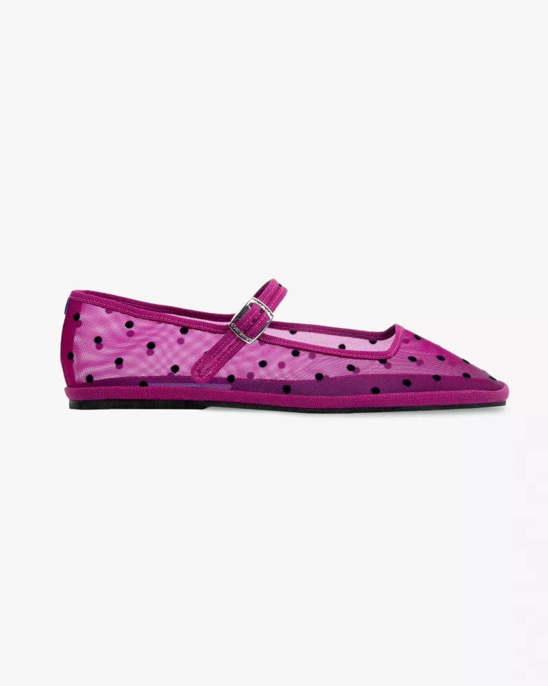 Furlanes Mary Janes in Fuchsia mesh with dots pattern and square toe
entirely made by hand in Italy (Venice/Friuli)