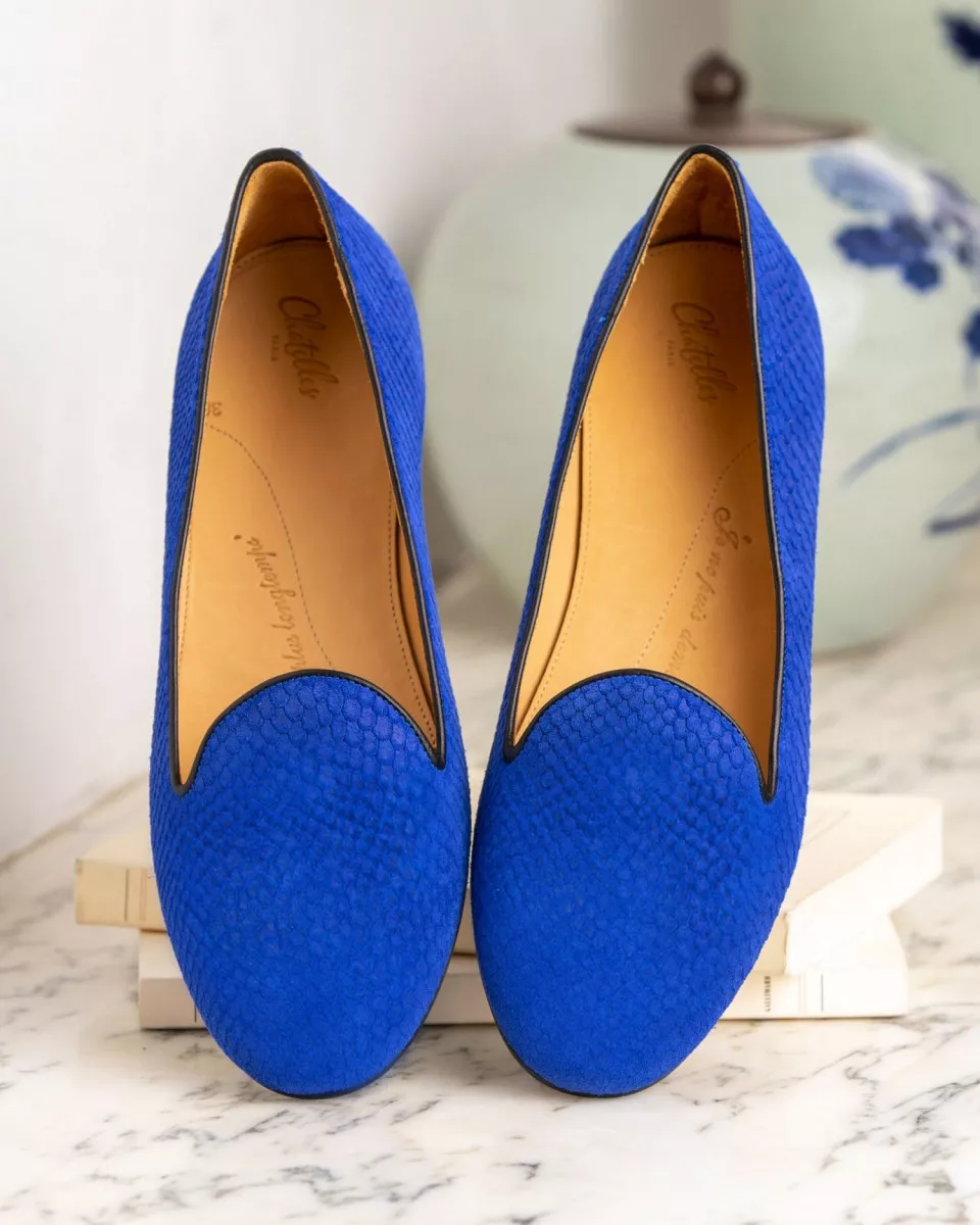Royal blue fishscaled suede slippers
