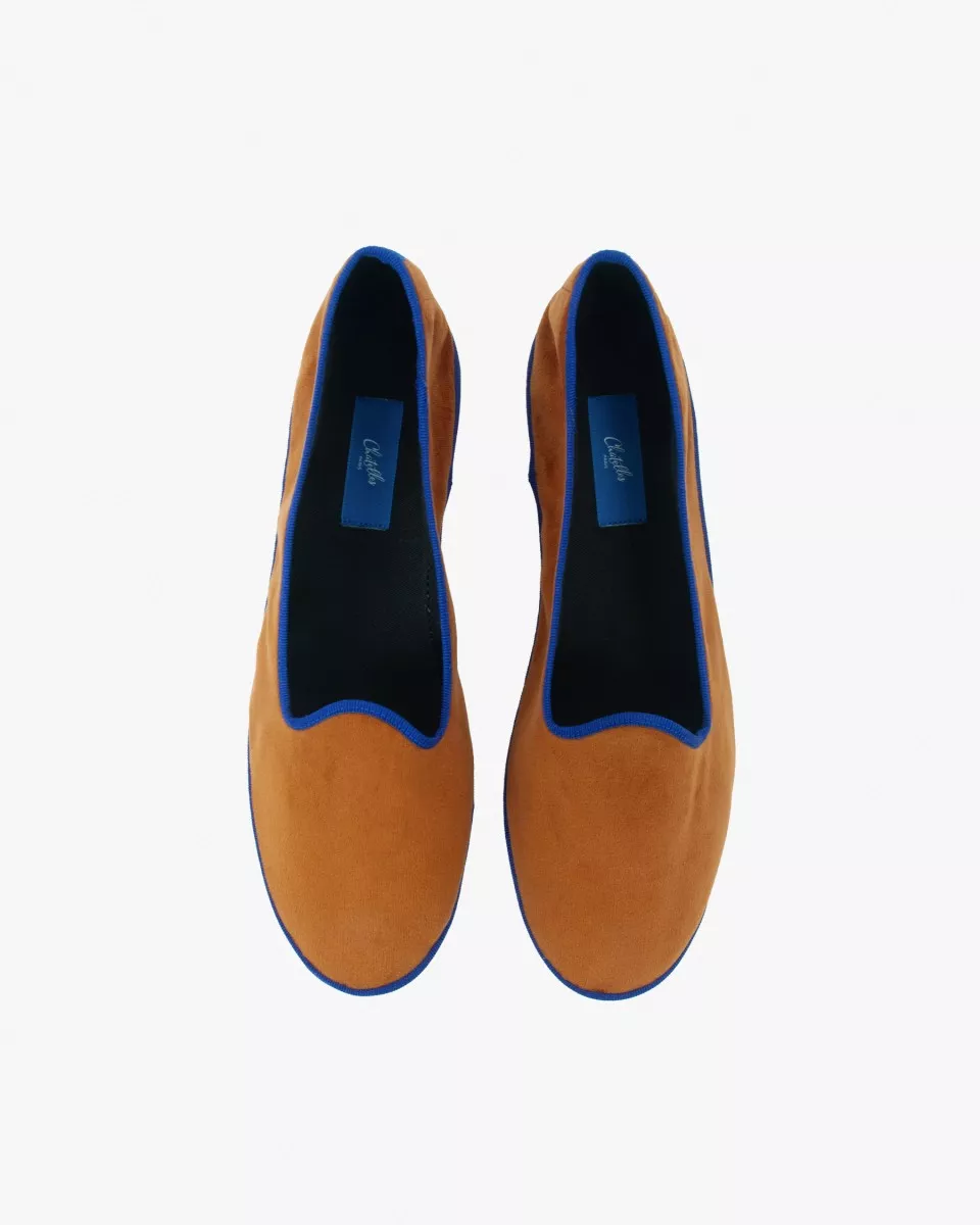 Furlanes Orange velvet and Klein Blue trimming, 
entirely made by hand in Italy (Venice/Friuli).