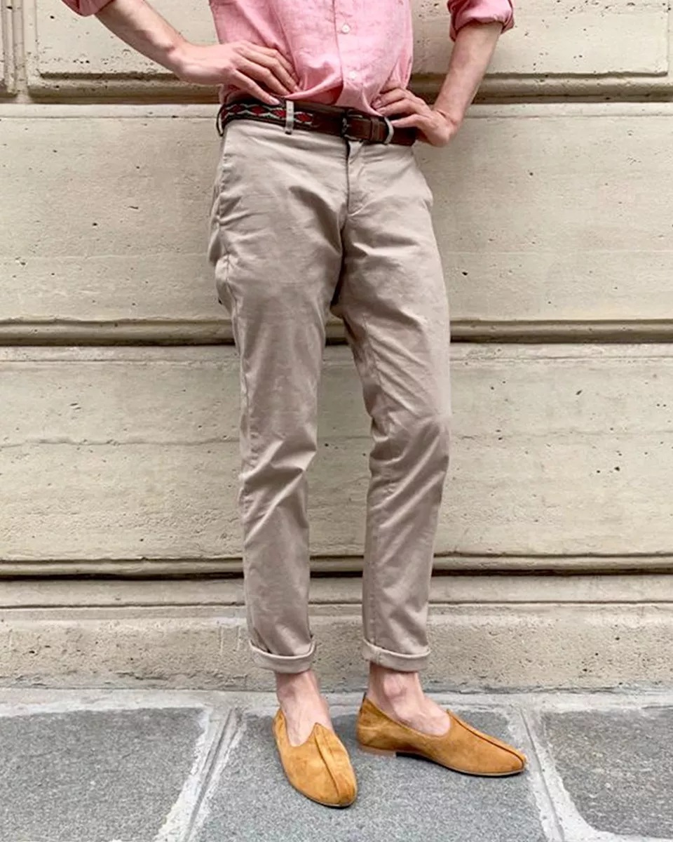 Indian camel suede slippers worn outdoors
