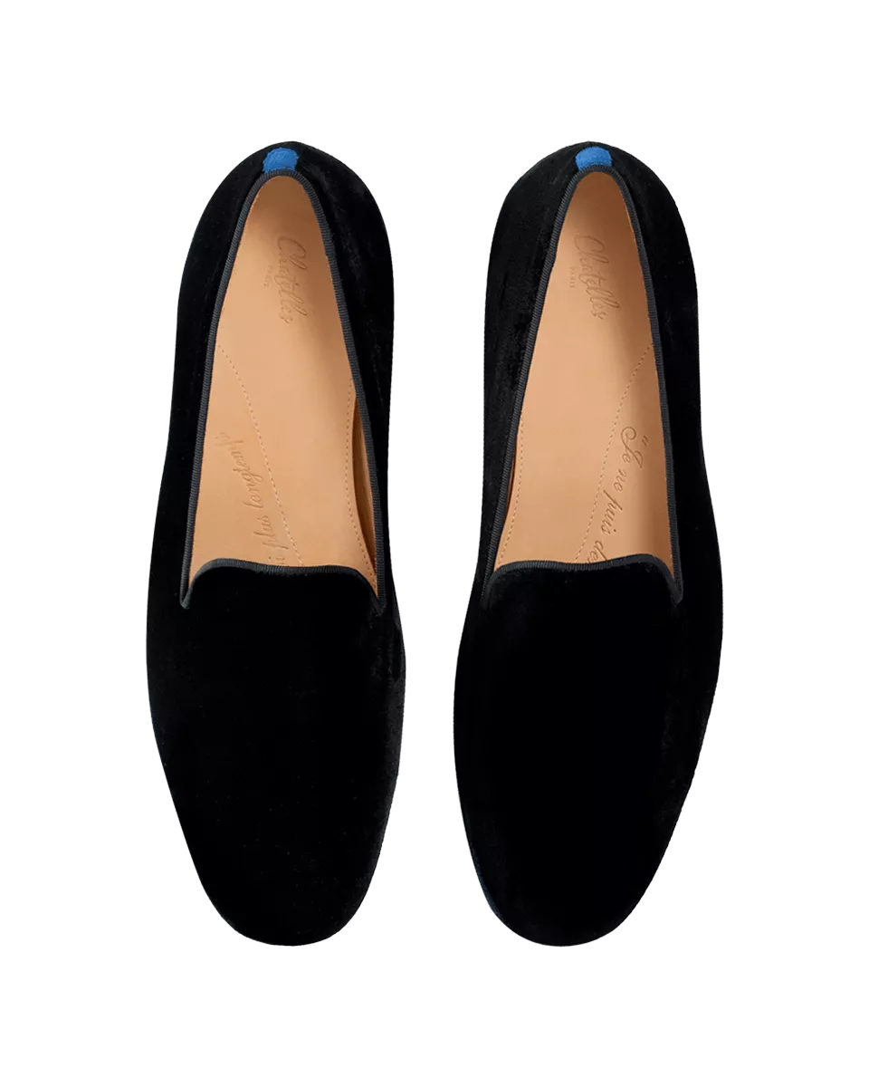 Top view of men black velvet slippers with natural leather insole
