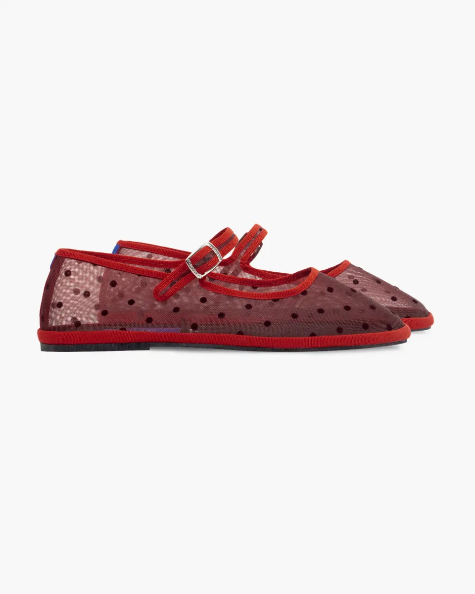Mary Janes Furlanes in red mesh with dots
entirely made by hand in Italy (Venice/Friuli)