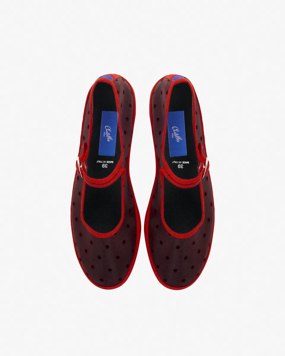 Mary Janes Furlanes in red mesh with dots
entirely made by hand in Italy (Venice/Friuli)