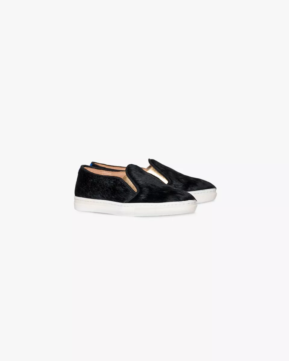 Black calf style fur mini slip-ons