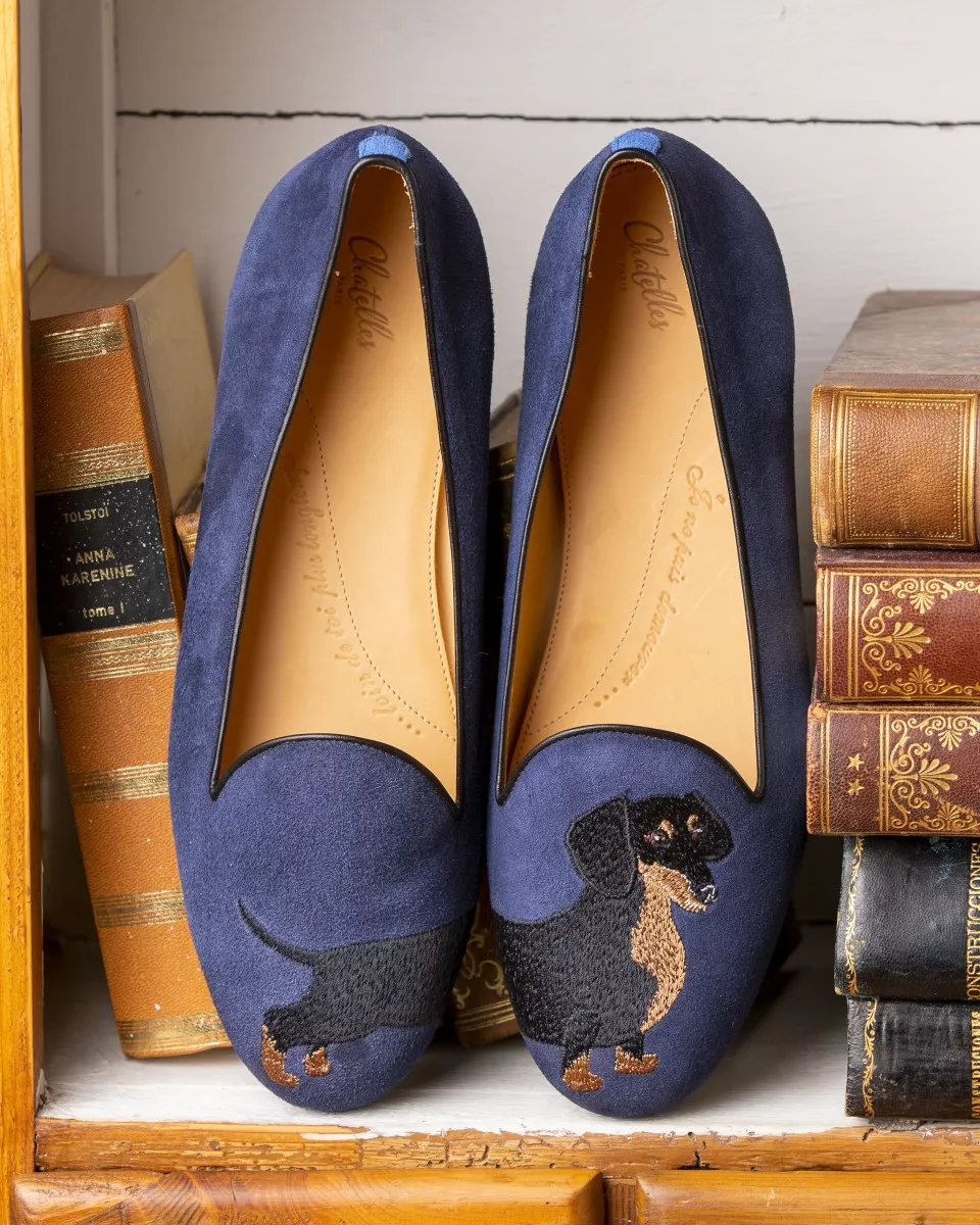Navy suede and embroidered chihuahua slippers