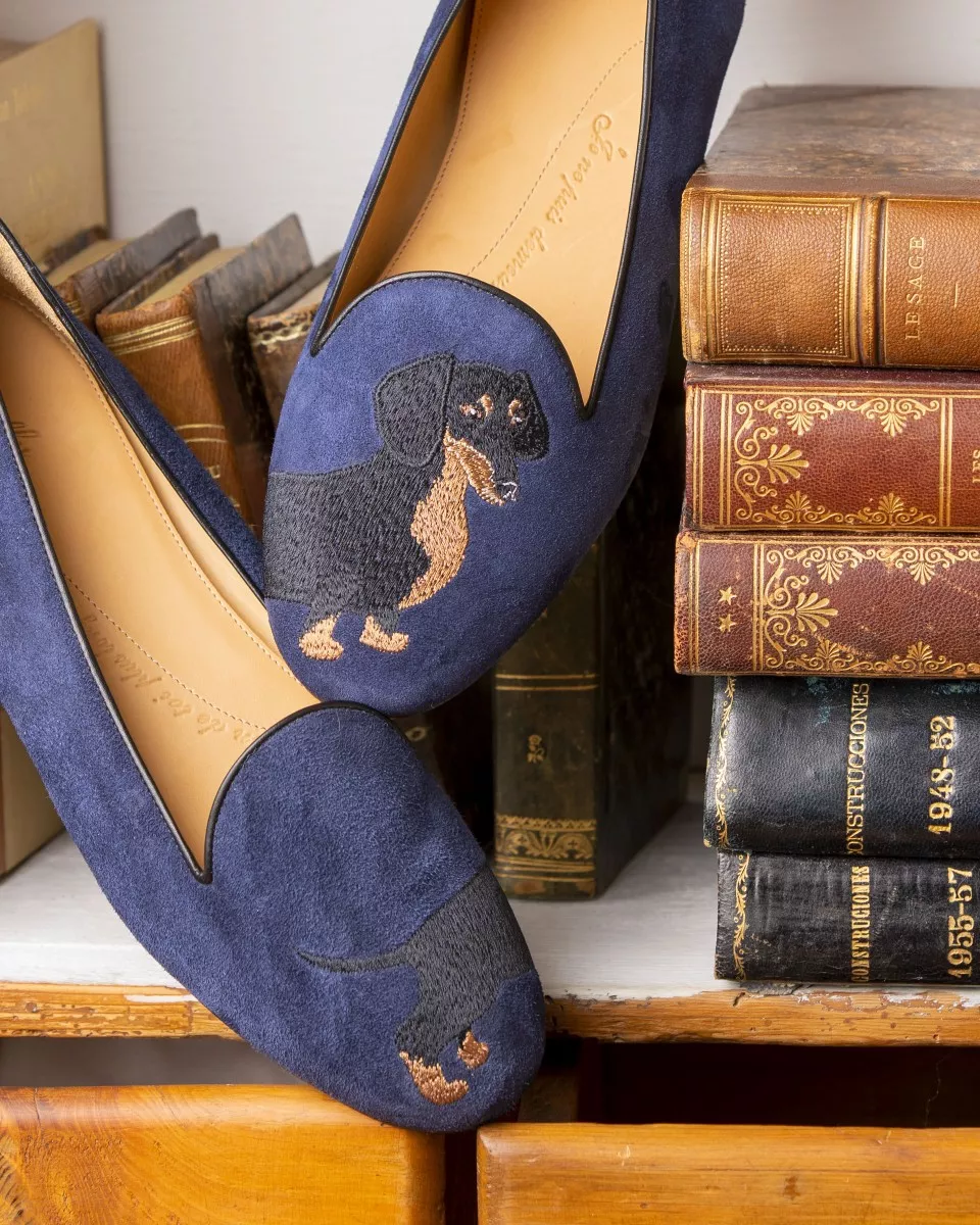 Navy suede and embroidered chihuahua slippers