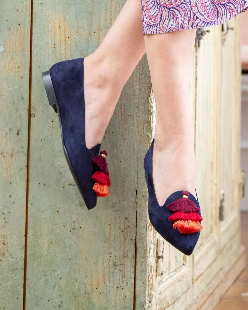 Navy suede pointy slippers with 3 interchangeable accessories of your choice included