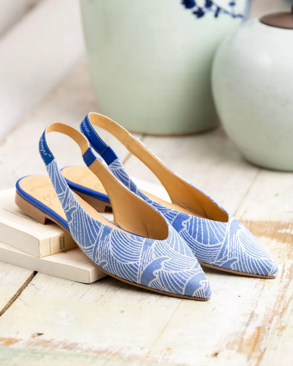 Blue and white woven canvas slingbacks