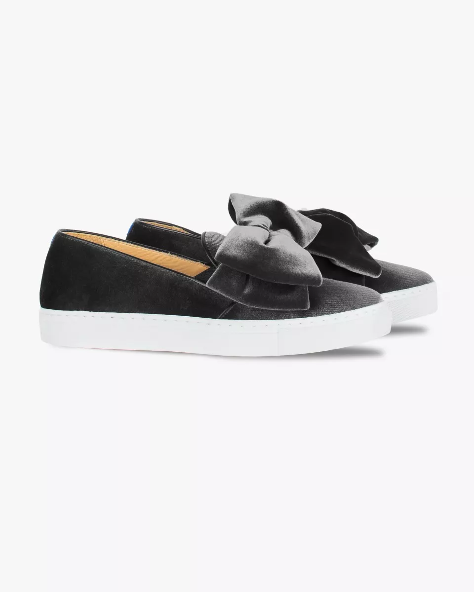 Grey velvet slip-ons with oversize bow