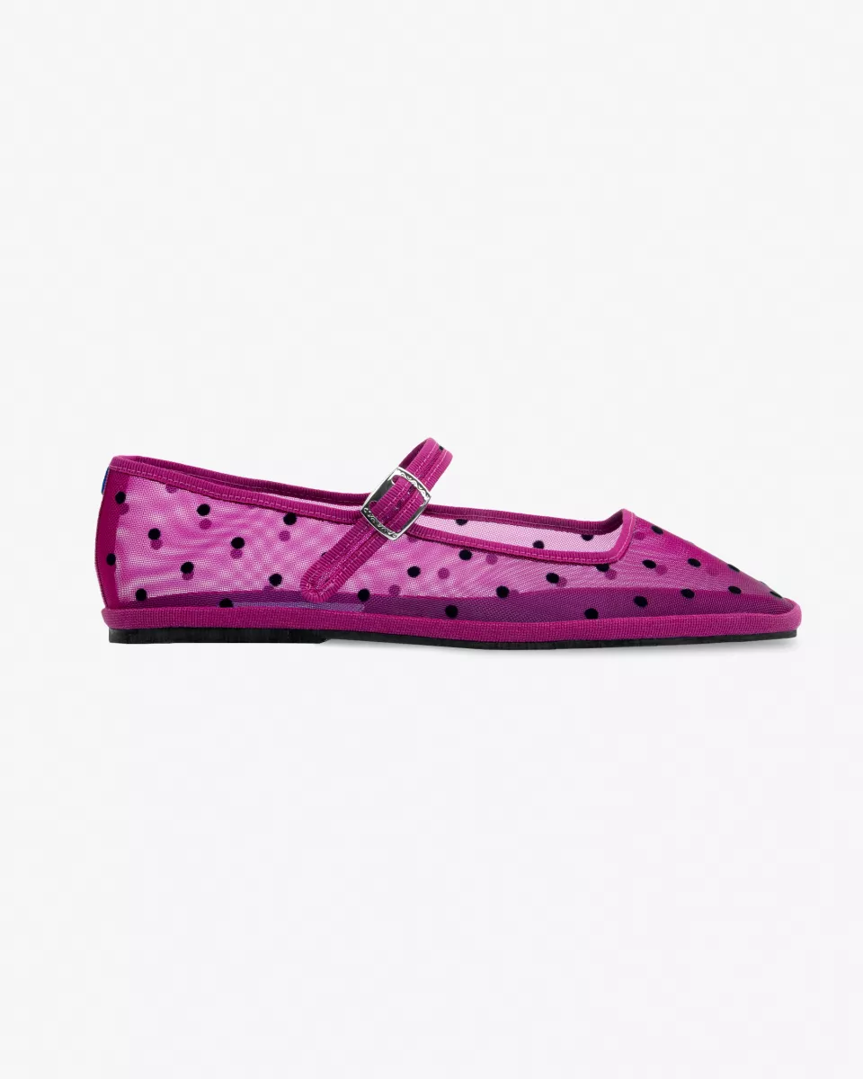 Furlanes Mary Janes in Fuchsia mesh with dots pattern and square toe
entirely made by hand in Italy (Venice/Friuli)