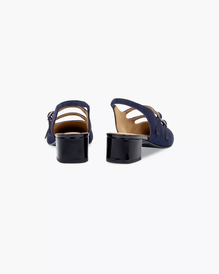 Navy blue suede and black patent leather Mary Jane slingbacks