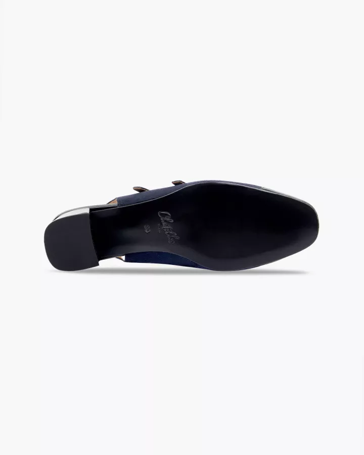 Navy blue suede and black patent leather Mary Jane slingbacks