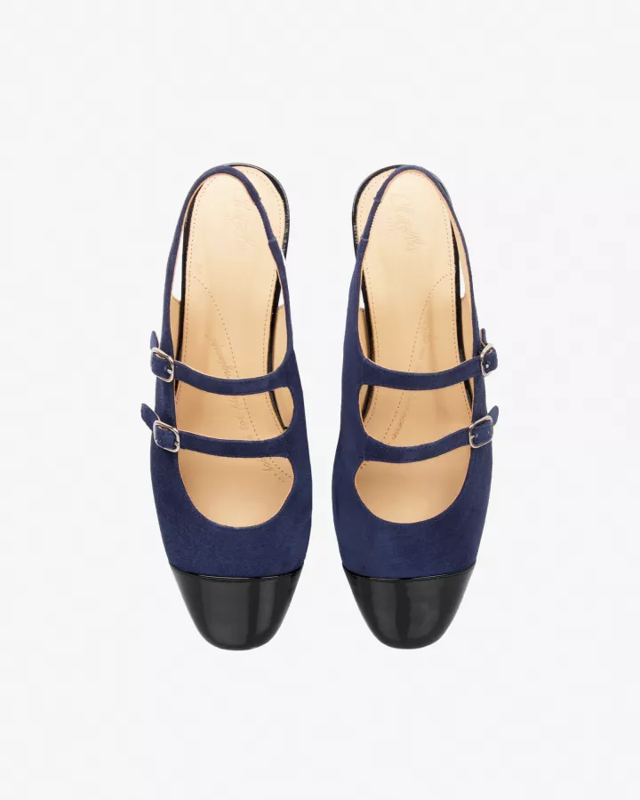 Navy blue suede and black patent leather Mary Jane slingbacks