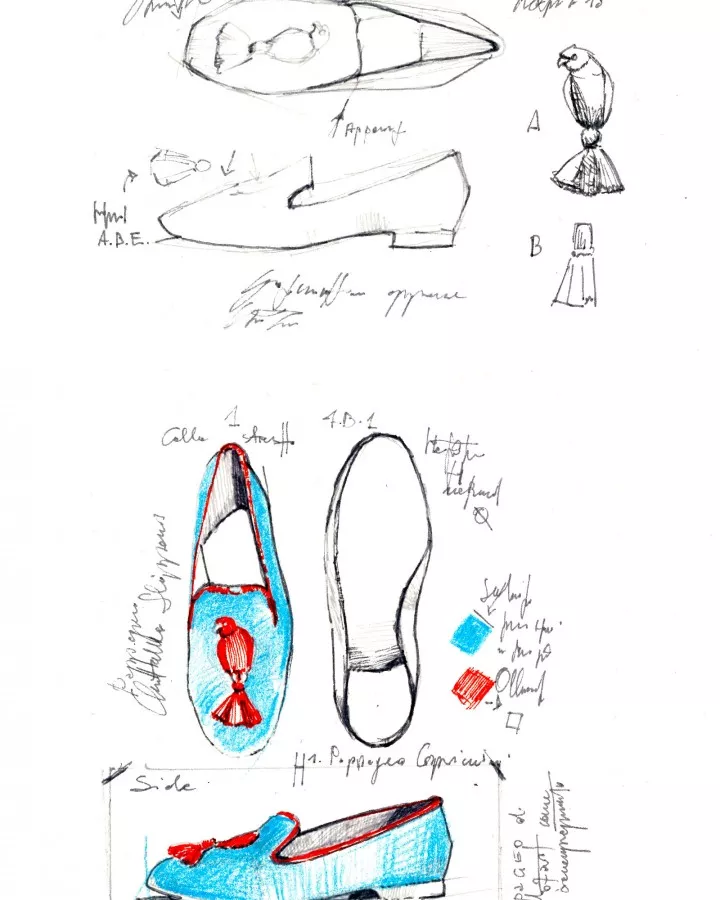 Dark blue canvas slippers with green embroideries