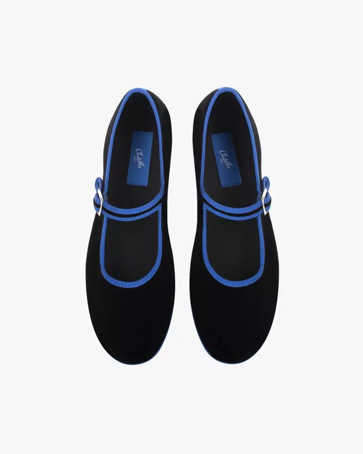 Mary Janes Furlanes in black velvet with Blue trim
entirely made by hand in Italy (Venice/Friuli)