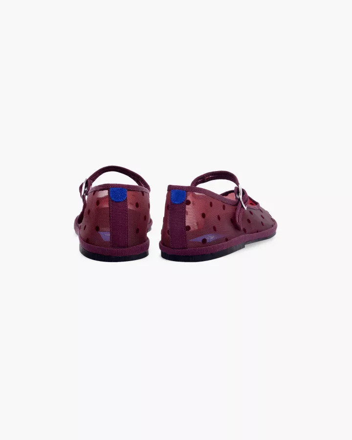 Furlanes Mary Janes in Burgundy mesh with dots pattern and square toe
entirely made by hand in Italy (Venice/Friuli)