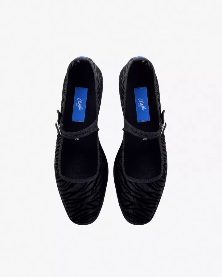 Furlanes Mary Janes in black mesh with a zebra pattern with square toe
entirely made by hand in Italy (Venice/Friuli)