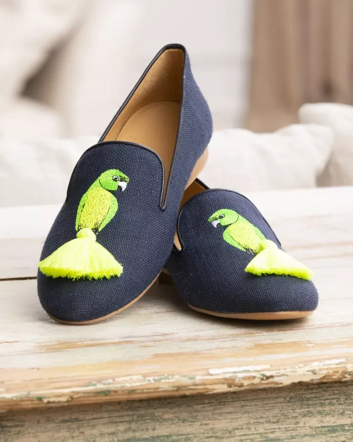 Dark blue canvas slippers with green embroideries