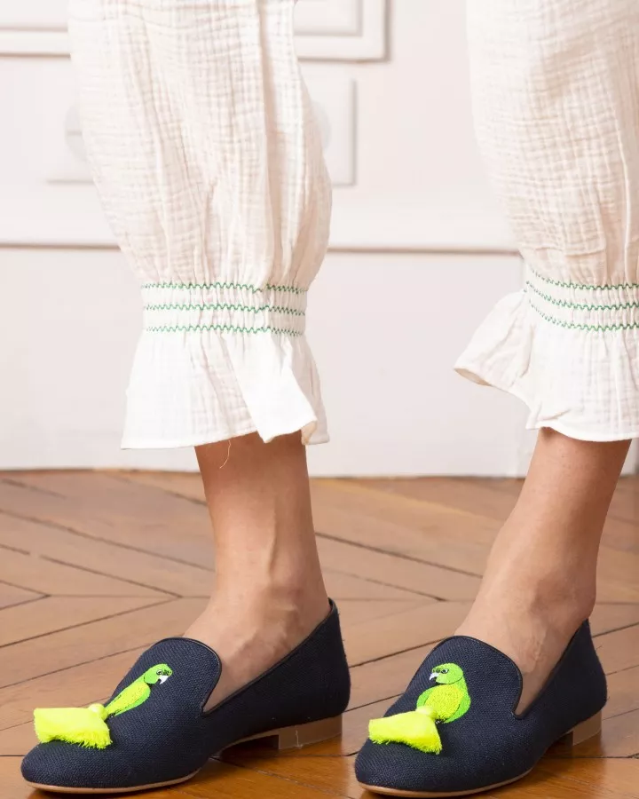 Dark blue canvas slippers with green embroideries