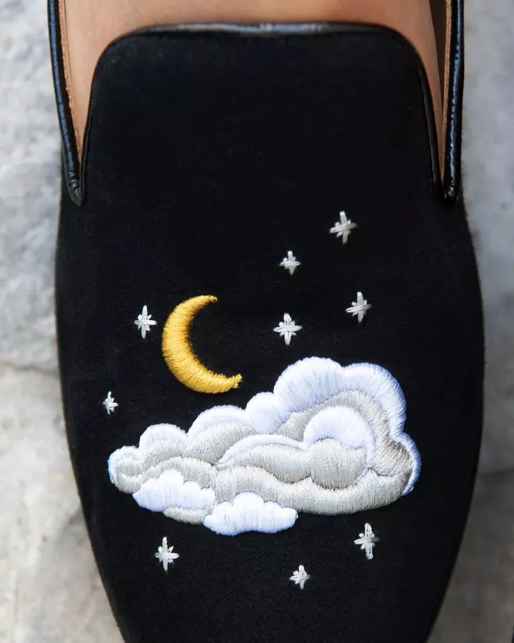 Black suede slippers with embroideries