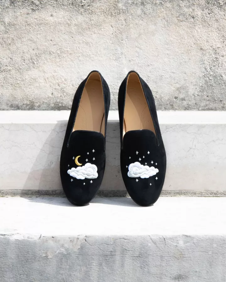 Black suede slippers with embroideries