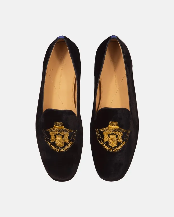 Men black suede slippers with Le Prince Jaridnier embroidery