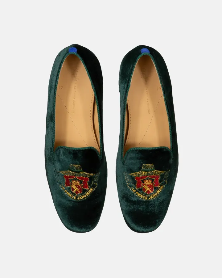 Men green velvet slippers with Le Prince Jaridnier embroidery